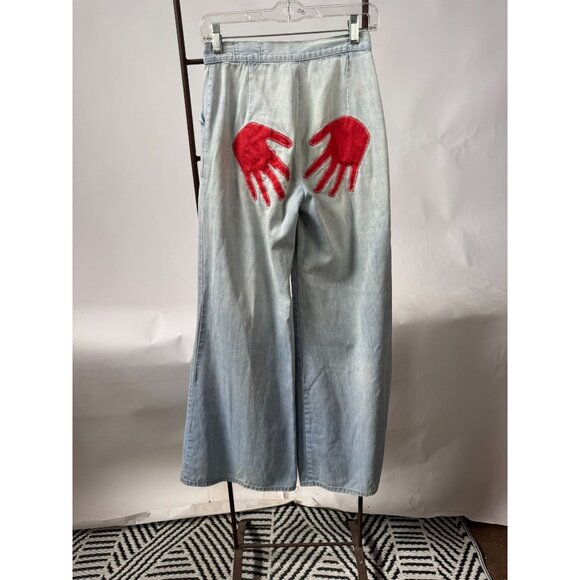 Vintage Oxmoor Light Wash Denim Pants Womens Size 9 Embroidered Hand Patch Wide - Picture 11 of 16